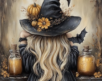10 Halloween Witch Art Print, Digital Witch Illustration, Whimsical Witch Artwork, Fall Home Decor, Magical Witch Decor, Pumpkin Artwork