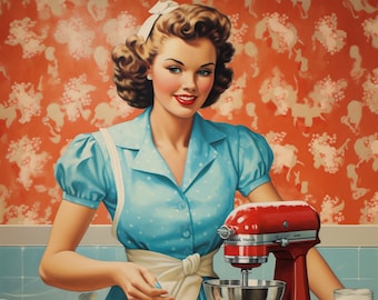 May include: A woman in a blue and white polka dot dress stands in a kitchen with a red stand mixer. She is holding a piece of dough in her hand. The mixer has a silver bowl and a white knob. There is a glass of milk on the counter.