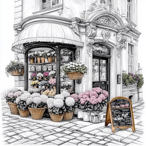 ACHT Franse bloemenwinkel digitale illustratiesset, groot vierkant potloodkunstafdrukken, 8 digitale afbeeldingen van Franse bloemenmarkt