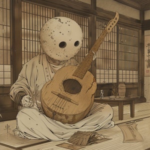 SIX Traditional Japanese Musician Art, Digital Download, Moon Head Figure with Shamisen, Vintage Style Wall Art, Biwi-bokuboku Tsukumogami