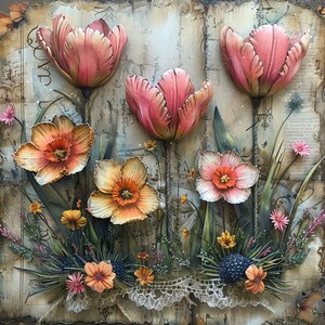 ACHT Vintage Blumen Wand Kunst Digitaldrucke, sofortiger Download, strukturierte Blume Druck auf antike Karte Hintergrund, dekorative Wohnkultur