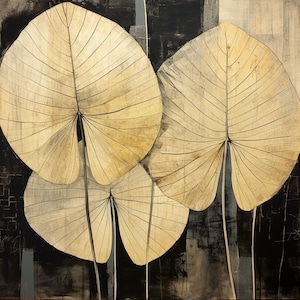 May include: Three large, overlapping, beige leaves with a textured, veined pattern against a dark background. The leaves are painted in a realistic style with subtle variations in color and texture.