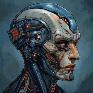 May include: A close-up of a cyborg head with a blue and silver helmet. The helmet has red and orange lights and wires. The cyborg's face is visible, with a human-like expression.