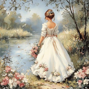 11 Lady by the Water Printable Wall Art, Romantic Vintage Dress Art, Cottagecore Woman Decor, Feminine Digital Download Gift for Her