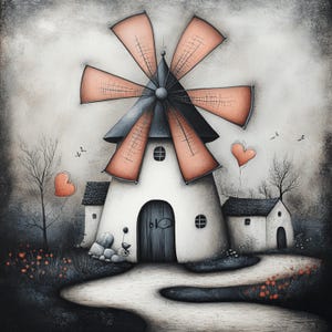 Könnte beinhalten: Eine skurrile Illustration einer weißen Windmühle mit roten Segeln vor einem grauen Hintergrund. Die Windmühle hat eine kleine Tür und Fenster. Im Hintergrund befinden sich zwei kleine Häuser, und ein Weg führt von der Windmühle weg. In der Luft schweben rote Herzen.