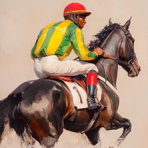 K&ouml;nnte beinhalten: Ein Jockey in einer gr&uuml;n-gelb gestreiften Jacke und einem roten Helm reitet ein schwarzes Pferd. Das Pferd tr&auml;gt einen wei&szlig;en Sattel mit der Nummer 1.