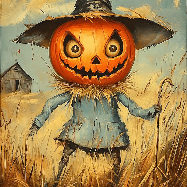 May include: A scarecrow with a pumpkin head, straw collar, blue coat, and black hat stands in a field of tall, dry grass. The scarecrow holds a curved staff. A small wooden barn is in the background.