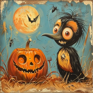 May include: A Halloween painting depicting a carved pumpkin, a cartoon bird, spiders, and a full moon. The artwork uses orange, black, and blue hues to create a spooky and festive scene, perfect for the autumn season.