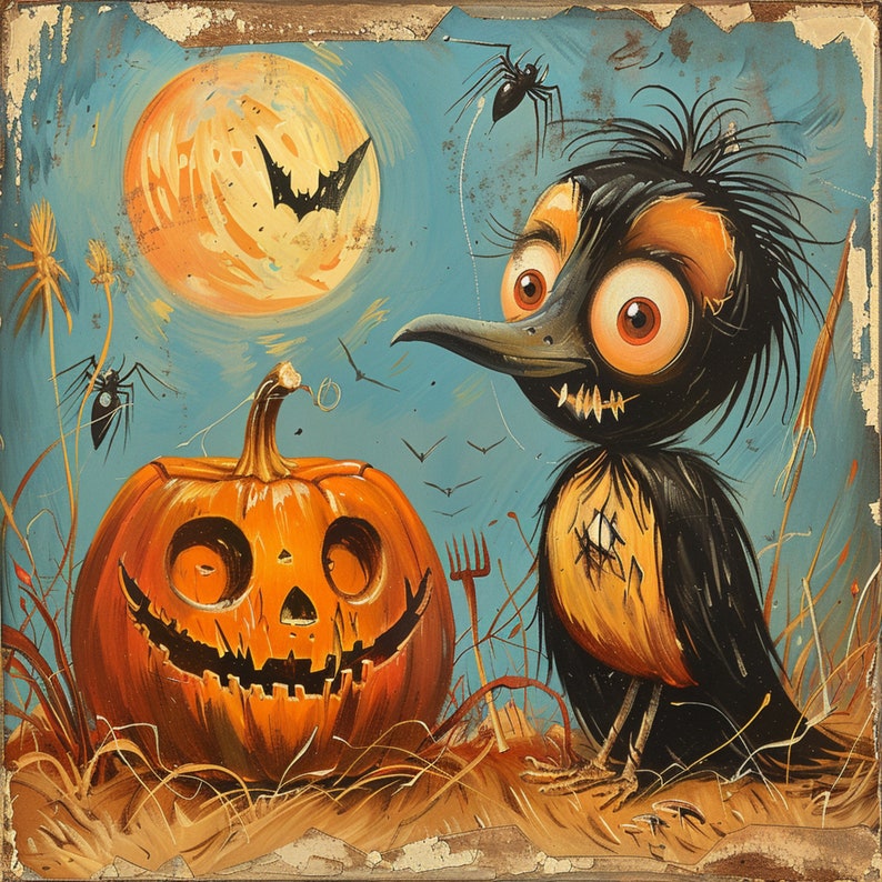 May include: A Halloween painting depicting a carved pumpkin, a cartoon bird, spiders, and a full moon. The artwork uses orange, black, and blue hues to create a spooky and festive scene, perfect for the autumn season.