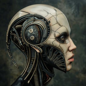 May include: A close-up of a robotic head with a metallic and gold design. The head is partially exposed, revealing intricate gears and wires. The face is pale and has a human-like expression.