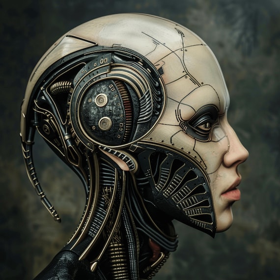 17 Futuristic Cyborg Portrait Poster, Digital Artwork for Wall, Large Square Art, City Sci-Fi Print, High-Resolution Images.