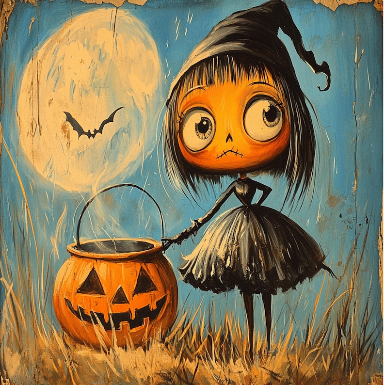 May include: A Halloween-themed illustration featuring a cartoon witch with an orange pumpkin head and black dress. She stands beside a jack-o'-lantern bucket. A full moon and bat silhouette are in the background, set against a blue sky.