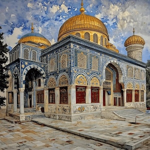 May include: A detailed watercolor painting of a mosque with a golden dome and intricate blue and white tilework. The mosque has multiple arches and windows, and is surrounded by a courtyard.