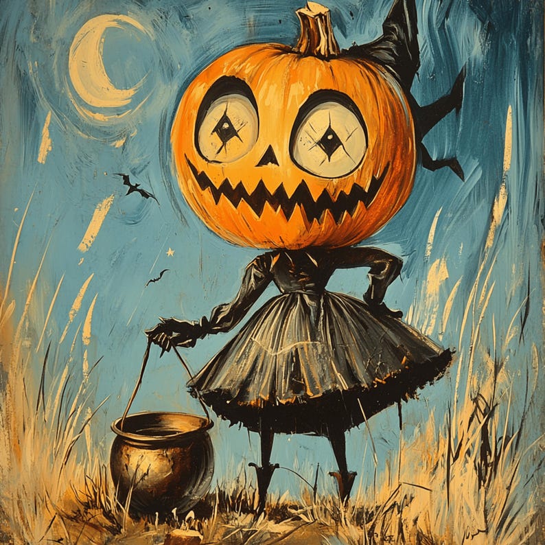 May include: A Halloween painting of a pumpkin-headed figure in a black dress, carrying a cauldron. The artwork has a blue backdrop with a crescent moon and bats, creating a spooky, festive atmosphere.