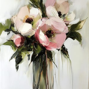 20 imágenes digitales de flores de acuarela de color rosa pastel y blanco en un jarrón de vidrio, gran póster de obra de arte cuadrado sobre la cama, decoración del hogar, sala de estar.