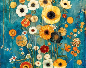 30 Boho Abstrakte Blumen Wandkunst, Gustav Klimt Einfluss Digitaldrucke, Set von 11 digitalen Bildern für Wohnkultur, lebendige Farben