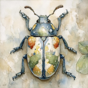 May include: Watercolor painting of a beetle with a blue head and legs, and a white body with colorful splotches of green, orange, and yellow. The beetle's antennae are brown. The background is a light beige.