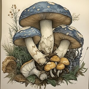K&ouml;nnte beinhalten: Aquarellillustration verschiedener Pilze in Blau-, Beige- und Wei&szlig;t&ouml;nen. Das Bild zeigt eine Ansammlung gro&szlig;er Pilze mit blauen Kappen und beigen Lamellen, umgeben von kleineren Pilzen mit gelben Kappen und verschiedenem Gr&uuml;n.