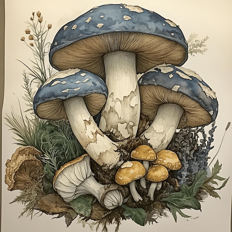 K&ouml;nnte beinhalten: Aquarellillustration verschiedener Pilze in Blau-, Beige- und Wei&szlig;t&ouml;nen. Das Bild zeigt eine Ansammlung gro&szlig;er Pilze mit blauen Kappen und beigen Lamellen, umgeben von kleineren Pilzen mit gelben Kappen und verschiedenem Gr&uuml;n.