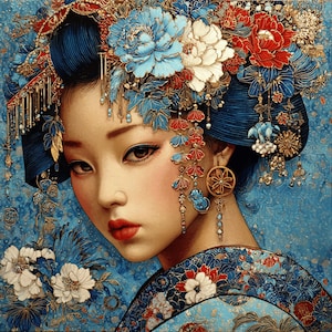 30 Asian Girl Geisha Wall Art Bundle - Colorful Floral Portraits for DIY Wall Art, Sublimation, POD Crafting, Home Decor, Giftable Digital