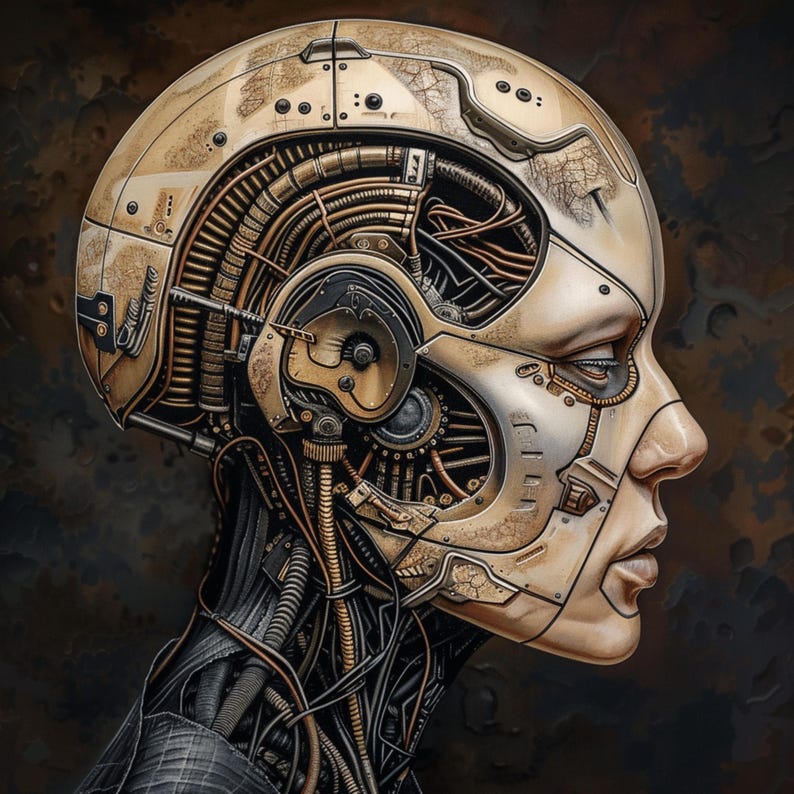May include: A close-up of a robotic head with a metallic gold and silver finish. The head is detailed with intricate gears and wires, and the face has a human-like expression.