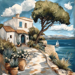 8 impresiones de pueblos costeros mediterráneos, arte mural con vista al mar, póster de decoración náutica, pintura serena junto al mar, escena marítima tranquila