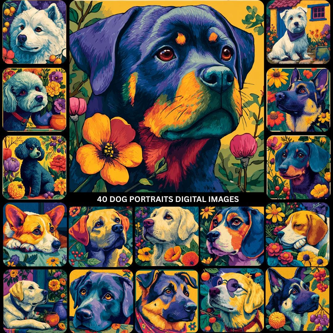 40 Colorful Dog Portrait Collection, Floral Pet Art, Vibrant Painterly ...