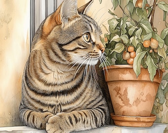 Tabby Cat in the Window - 13 Printable Digital Art Images for Cozy Home Decor, Cat Lover Gifts, and Wall Art, DIY Artwork Prints