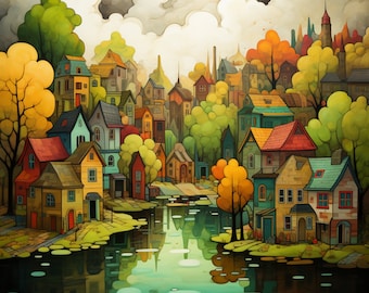 NINE Village Town Paintings Digital Prints Instant Printable Download Bold Primary Colours Wall Decor Living Room Artwork Over The Bed Art