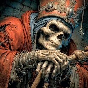 May include: A detailed digital illustration of a skeletal figure wearing a red and gold ceremonial hat and robe. The figure's bony hands rest on a wooden staff, with a dark, textured background.