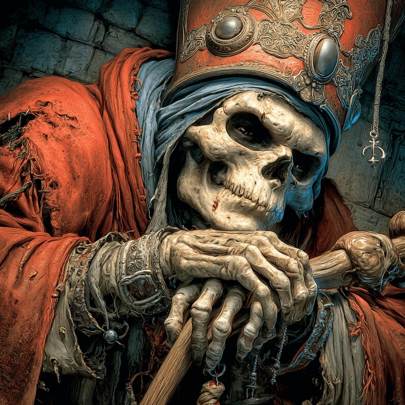 May include: A detailed digital illustration of a skeletal figure wearing a red and gold ceremonial hat and robe. The figure's bony hands rest on a wooden staff, with a dark, textured background.