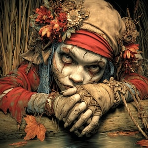 May include: A digital art image of a pale-skinned figure with blue hair, wearing a red headscarf and a red shirt. The figure has stitched facial features and is adorned with a floral crown. The figure is resting on a wooden surface.