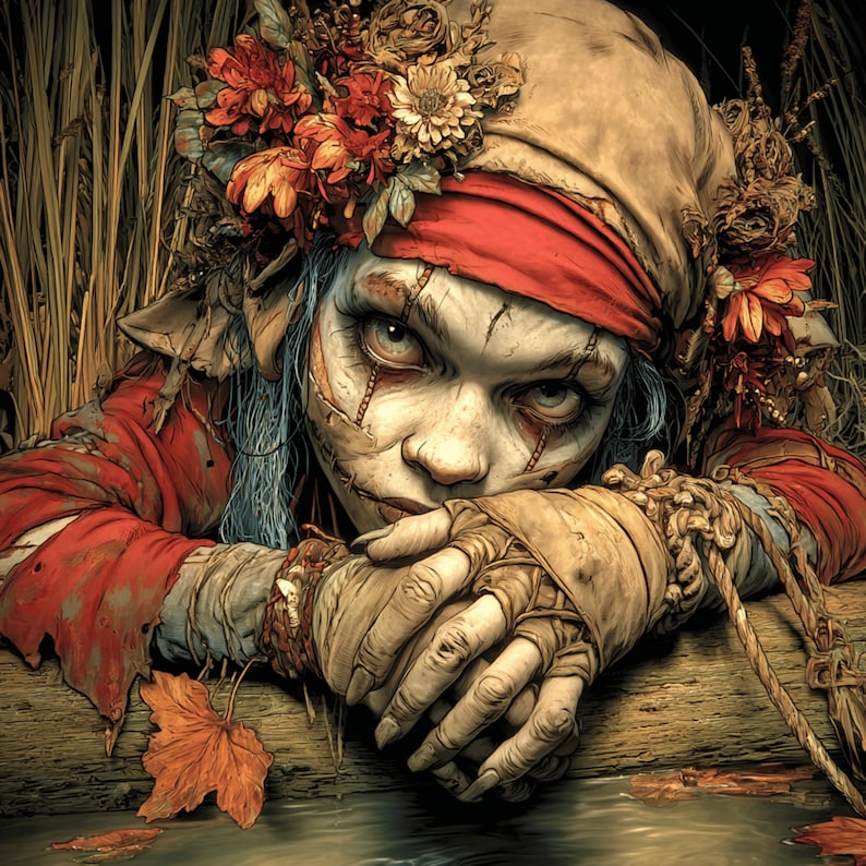 May include: A digital art image of a pale-skinned figure with blue hair, wearing a red headscarf and a red shirt. The figure has stitched facial features and is adorned with a floral crown. The figure is resting on a wooden surface.