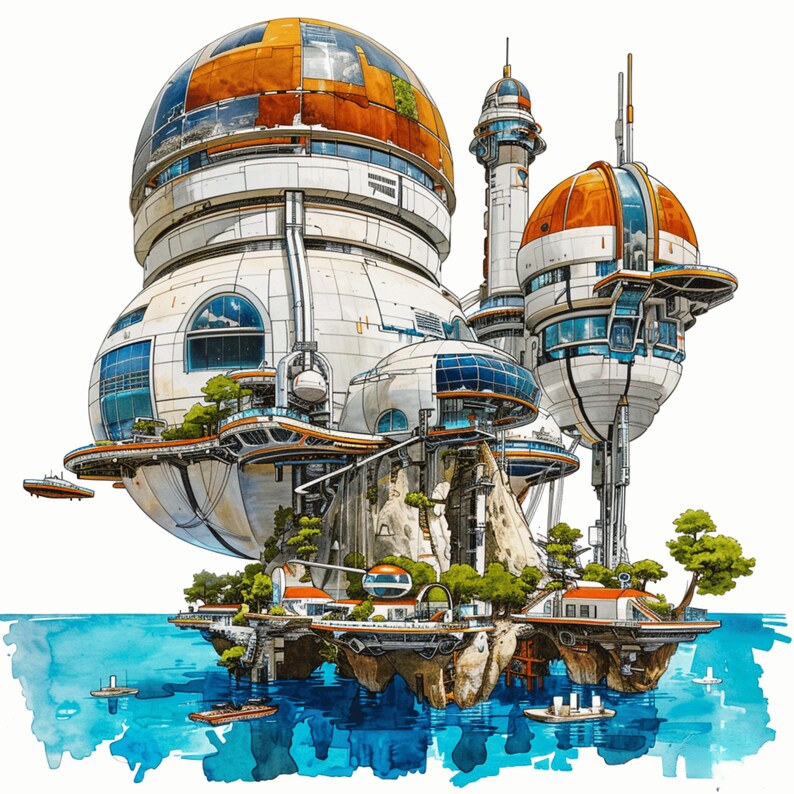 May include: A futuristic city built on a series of islands with white, orange, and blue buildings. The city is surrounded by water and has a rocky, green landscape.