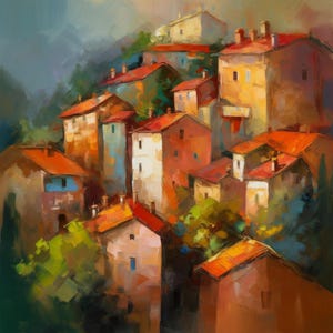 Puede incluir: Pintura impresionista de un pueblo en una ladera. Los edificios tienen tejados de color rojo anaranjado y están pintados en tonos cálidos de naranja, amarillo y marrón. El follaje verde se intercala entre las estructuras, y el cielo es de un azul suave.