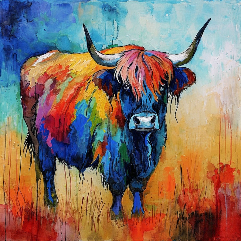 SIX Colorful Scottish Highland Cows Watercolor Paintings, Abstract ...