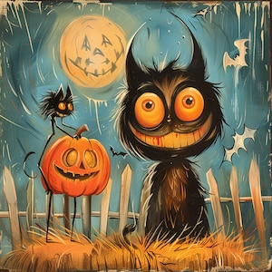 May include: A Halloween-themed illustration with a grinning black cat and a large, orange jack-o'-lantern. A large, furry black creature with wide orange eyes and a toothy grin stands nearby. A full moon with a carved face and bats complete the spooky scene.