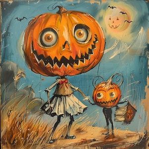 May include: A Halloween-themed painting depicting two pumpkin-headed characters in a field beneath a smiling moon and bats. The larger figure wears a dress and holds a cane, while the smaller one carries a book. The artwork uses orange, blue, and brown tones.