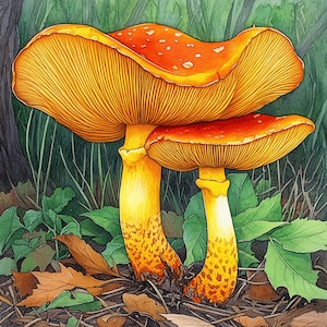 K&ouml;nnte beinhalten: Aquarellillustration von zwei orange-gelben Pilzen mit roten Kappen, vor dem Hintergrund von gr&uuml;nem Laub und einem dunklen Baumstamm. Die Pilze haben detaillierte Lamellen und sind von Herbstlaub umgeben.