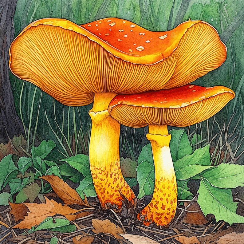 K&ouml;nnte beinhalten: Aquarellillustration von zwei orange-gelben Pilzen mit roten Kappen, vor dem Hintergrund von gr&uuml;nem Laub und einem dunklen Baumstamm. Die Pilze haben detaillierte Lamellen und sind von Herbstlaub umgeben.