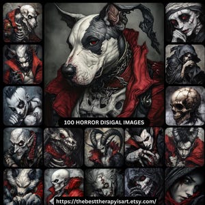 Könnte beinhalten: Eine Collage aus 16 digitalen Illustrationen mit verschiedenen Horror-Charakteren, darunter ein Hund mit roten Augen, ein Schädel und ein Dämon. Der Text "100 HORROR DISIGAL IMAGES" wird in der Mitte der Collage angezeigt. Die Website-Adresse "https://thebesttherapyisart.etsy.com/" wird am unteren Rand der Collage angezeigt.