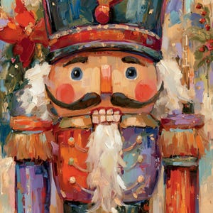 May include: An oil painting style nutcracker figure featuring a tall blue hat, a prominent black mustache, and a white beard. The figure wears a red and blue uniform with gold-toned buttons and is surrounded by red poinsettia flowers and green leaves.