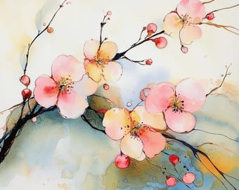 Arte de flor de cerezo, 11 impresiones digitales, decoración floral imprimible, obra de arte de cerezo en acuarela, elegante decoración para el hogar, Sakura, primavera, marzo, flor de nacimiento