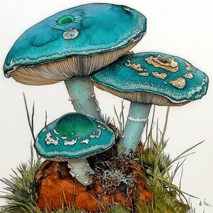 K&ouml;nnte beinhalten: Aquarellmalerei von drei Pilzen mit t&uuml;rkisfarbenen Kappen und hellblauen Stielen. Die Kappen haben wei&szlig;e und beige Markierungen. Die Pilze wachsen aus einem braunen Felsen mit gr&uuml;nem Gras und Moos.