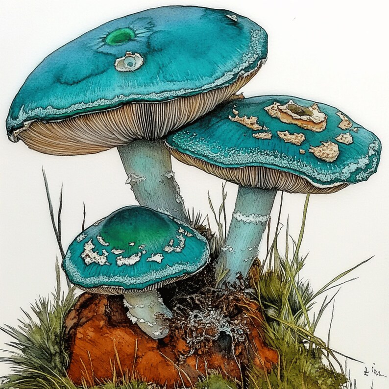 K&ouml;nnte beinhalten: Aquarellmalerei von drei Pilzen mit t&uuml;rkisfarbenen Kappen und hellblauen Stielen. Die Kappen haben wei&szlig;e und beige Markierungen. Die Pilze wachsen aus einem braunen Felsen mit gr&uuml;nem Gras und Moos.