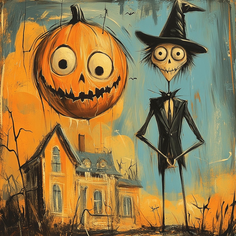 May include: Halloween-themed artwork depicting a grinning pumpkin and a skeletal figure in a black suit and hat. A spooky house is in the background, set against a blue and orange sky.
