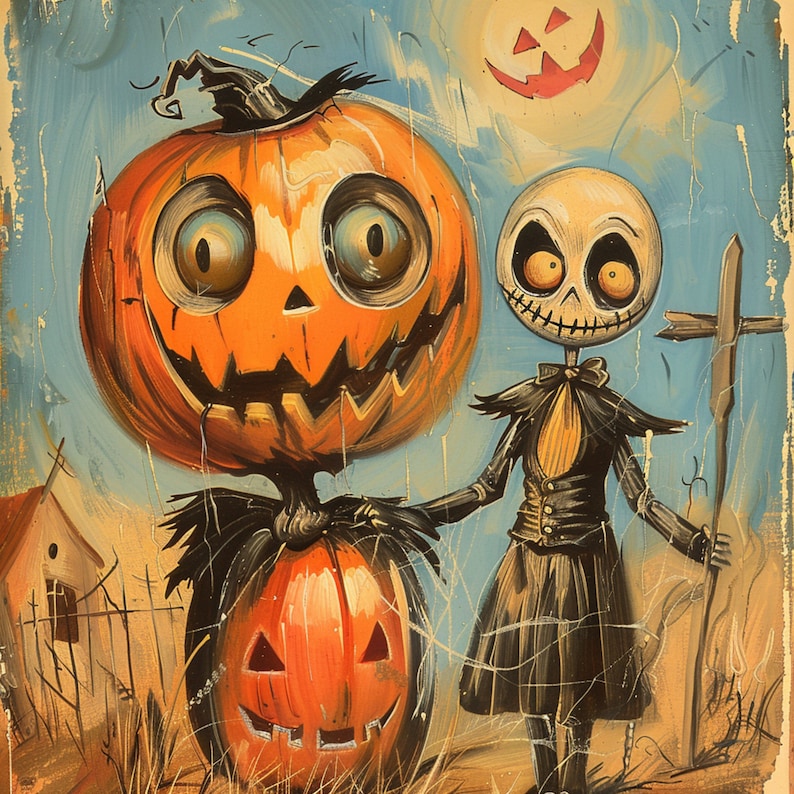 May include: A Halloween-themed painting with a grinning pumpkin-headed figure wearing a black hat and a skeleton-like character in a black suit. A smiling jack-o'-lantern moon is in the sky. A spooky, festive artwork.
