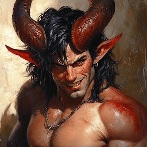 May include: A close-up portrait of a man with red horns, dark hair, and a mischievous smile. He is wearing a silver chain necklace and has a red mark on his shoulder.