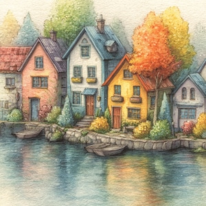 Op de afbeelding: Waterverfschilderij van kleurrijke huizen langs een rivieroever. De huizen hebben rode, blauwe en gele daken, met bomen in groen- en oranje tinten. Twee kleine boten liggen aangemeerd bij de stenen muur. Het water weerspiegelt de kleuren.