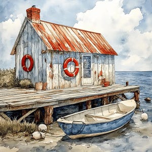 8 Rustic Coastal Cabin Poster, Nautical Beach House Art Print, Seaside ...